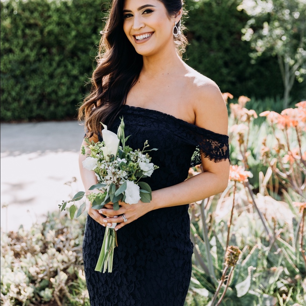 Navy lace off the shoulder bridesmaid from Lulus’s